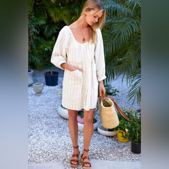 Emerson Fry Dresses & Skirts - Emerson Fry - JASMINE BUTTON DRESS - IVORY HEMP STRIPE ORGANIC - Size Large